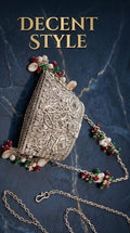 Vintage Silver Filigree Wedge Evening Bag | Antique Metallic Trapezoid Clutch with Red, Green & Pearl Beaded Tassels