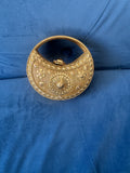 Gold Crescent Moon Evening Bag | Antique Filigree Mesh Hardcase Clutch with Built-in Handle & Sunburst Medallion