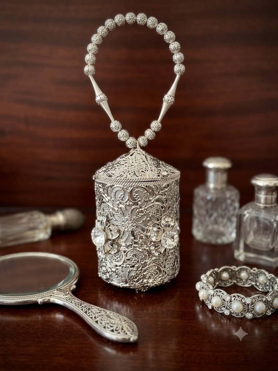 Whispers of the Vanity: Antique Elegance in Silver and Pearl
