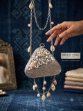 Silver Triangular Evening Clutch Luxury Cowrie Shell & Pearl Beaded Purse with Chain Strap