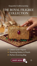 Handcrafted Gold Filigree Clutch | Luxury Royal Evening Bag with Ruby & Emerald Beads