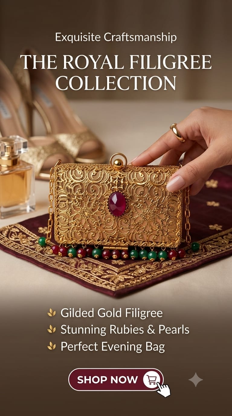 Vintage-Inspired Filigree Clutch with Rich Jewel Embellishments