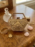 Vintage-Style Gold Filigree Hexagonal Minaudière Handbag with Rigid Top Handle