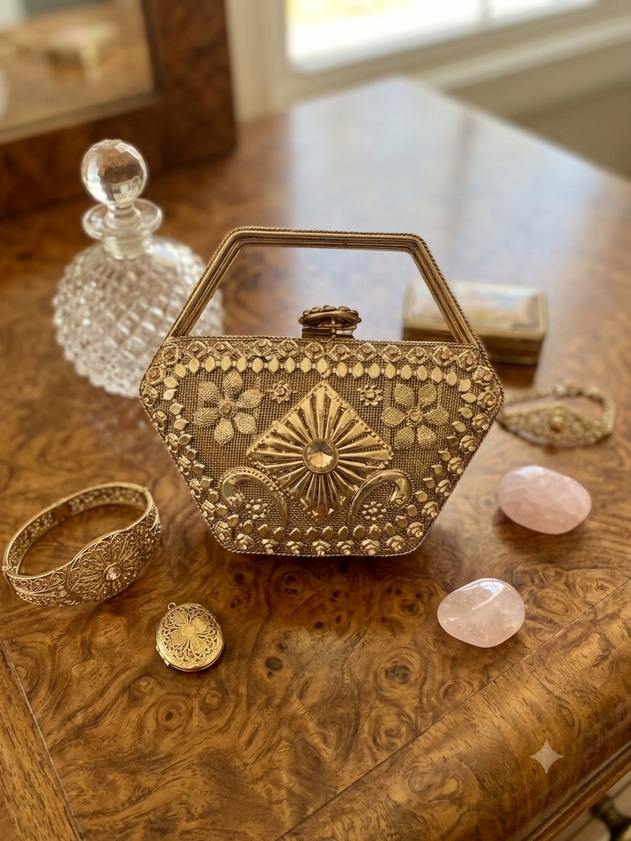 Vintage-Style Gold Filigree Hexagonal Minaudière Handbag with Rigid Top Handle