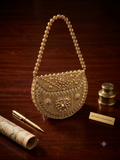 Antique-Style Gold Filigree Crescent Minaudière Handbag with Beaded Handle